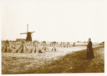 576477 Pastoor Vogels bekijkt de vruchten der aarde (korenschoven). Op de achtergrond de molen, 1930