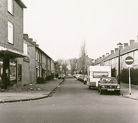 1354 De Kamperfoelielaan, gezien vanaf Korianderstraat. Links geparkeerde auto's op het trottoir, ca. 1980