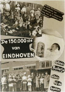 220027 Henk Joosten, Eindhoven, reclameposter Bolletje ter gelegenheid geboorte 150.000 ste inwoner (Josje Busio ...