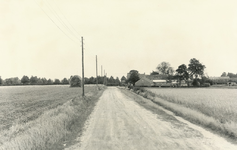 236893 Zandweg waarlangs stroompalen en een korenmijt, gezien in de richting van de Sluisstraat, 15-9-1965