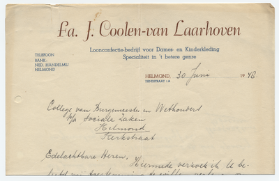 518-21227 briefhoofd, fa. J. Coolen - van Laarhoven, Loonconfectiebedrijf, dames- en kinderkleding, 30-06-1948