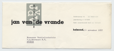 592-21227 briefhoofd, Jan van de Vrande, designer, textielontwerpen, etc., Telefoonnr.: 3307, 14-11-1957