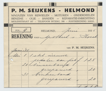 714-21227 rekening, P.M. Seijkens, rijwielhandel, fietsen, motoren, etc., Telefoonnr.: 398, 00-06-1935