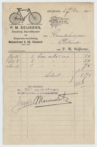 715-21227 nota, P.M. Seijkens, rijwielhandel, smederij, fietsen, motoren, etc., 27-12-1915