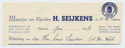 739-21227 rekening, H. Seijkens, rijwielhandel, fietsen, motoren, etc., Telefoonnr.: 2739, 00-01-1947