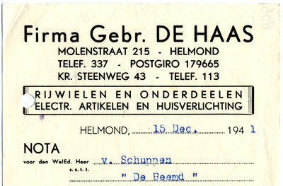 806-21227 nota, Fa. Gebr. de Haas, winkel, rijwielen, huishoudart., huisverlichting, Telefoonnr.: 337, 15-12-1941