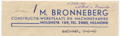 832-21227 briefhoofd, M. Bronneberg, constructiewerkplaats en machinefabriek, machines, Telefoonnr.: 2080, 08-02-1948