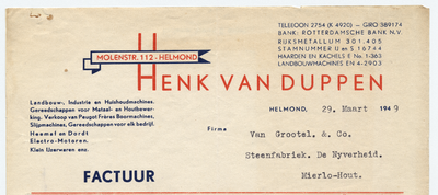 842-21227 factuur, Henk van Duppen ., ijzerhandel, machines, gereedschap, Telefoonnr.: 2754, 29-03-1949