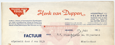 843-21227 factuur, Henk van Duppen ., ijzerhandel, machines, gereedschap, Telefoonnr.: 2754, 27-07-1950