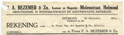860-21227 rekening, P. A. Bezemer & Zn, groothandel, bouwmaterialen en aanverwante artikelen, 29-02-1924