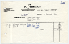 912-21227 rekening, P. Spierings, taxi- en stallingbedrijf, quick-service-station, Telefoonnr.: 3333, 31-01-1961