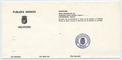 988-21227 briefhoofd, Gemeente Helmond, publieke werken, Telefoonnr.: 23636