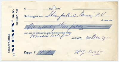 1027-21227 betalingsbewijs, Steenfabriek Nuenen N.V., fabriek, stenen, Telefoonnr.: 348, 30-12-1950