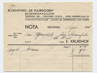 1118-21227 nota, De Vuurdoorn, bloemenmagazijn, bloemisterij, tuinarchitectuur, hovenier., Telefoonnr.: 185, 00-09-1938