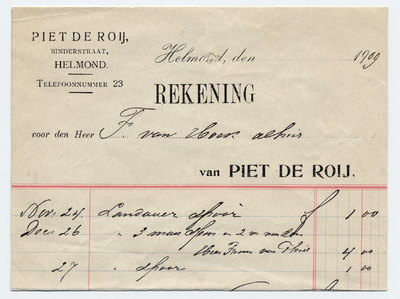 1122-21227 rekening, Piet de Roij, Telefoonnr.: 23, --1909