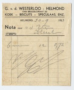 1150-21227 nota, G. v.d. Westerloo, bakkerij, koek, biscuits, speculaas, enz., 30-09-1933