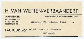 1153-21227 factuur, H. van Wetten - Verbaandert, aannemer, verbouwingen, machinale houtbewerking, Telefoonnr.: 456, ...