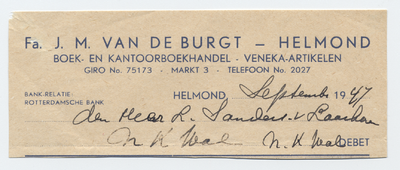 1158-21227 briefhoofd, Fa. J.M. van de Burgt, boekhandel, boek-, papier- en kantoorboekhandel, Telefoonnr.: 2027, 00-09-1947