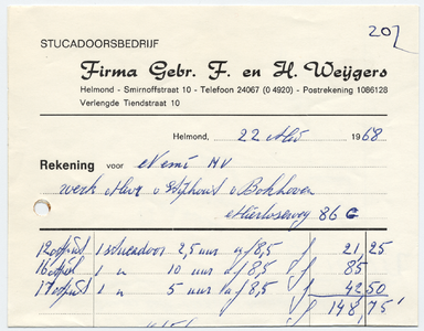 1159-21227 rekening, Firma Gebr. F. en H. Weijgers, stucadoorsbedrijf, stucadoorsbedrijf, Telefoonnr.: 24067, 22-05-1968