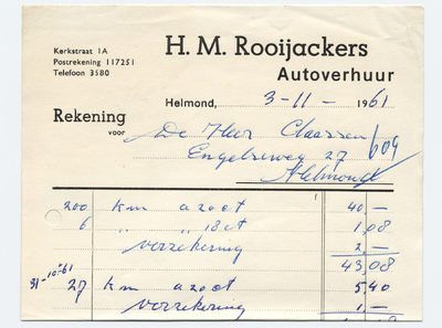 1175-21227 rekening, H.M. Rooijackers, verhuurbedrijf, auto's, Telefoonnr.: 3580, 03-11-1961