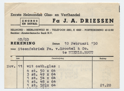 1176-21227 rekening, Fa. J.A. Driessen, groothandel, glas, verf, Telefoonnr.: 2881, 10-02-1950