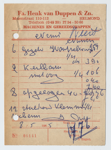 1177-21227 rekening, Fa. Henk van Duppen & Zn., ijzerhandel, machines, gereedschap, Telefoonnr.: 2754 - 5066, 08-05-1965