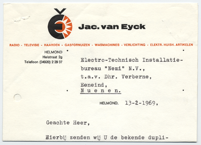 1181-21227 briefhoofd, Jac. van Eyck, electrozaak, radio, televisie, verlichting, electr.huish.art., Telefoonnr.: ...