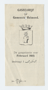 1183-21227 kwitantie, Gasbedrijf der gemeente Helmond, gasbedrijf, gas, cokes, 00-02-1914