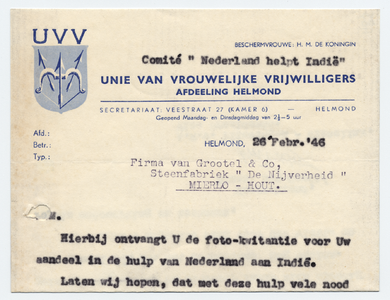 1187-21227 briefhoofd, Unie van vrouwelijke vrijwilligers (afd. Helmond), vrijwilligerscentrale, vrijwilligers, 26-02-1946