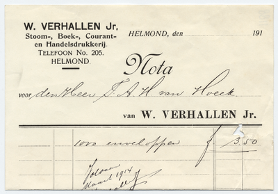 1188-21227 nota, W. Verhallen Jr., drukkerij, stoom-, boek-, courant- en handelsdrukkerij, Telefoonnr.: 205
