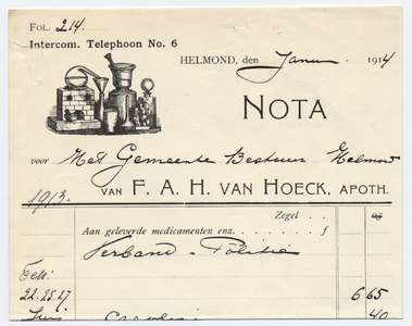 1190-21227 nota, F.A.H. van Hoeck, apotheek, medicijnen, verbandmiddelen, etc, Telefoonnr.: 6, 00-01-1914