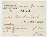 1191-21227 nota, A.H. van Hoeck, stoombierbrouwerij ,, de vijfhoek , bier, 00-01-1909