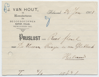 1200-21227 prijslijst, Fa. J. van Hout, beddenhandel, manufacturen, kant, gaas, neteldoek,, 24-01-1901