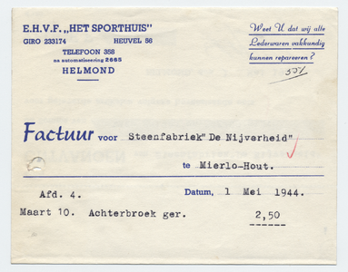 1221-21227 factuur, Th. Stockx-Rooymans Het Sporthuis, zadelmakerij, lederhandel, lederwaren, reisartikelen, ...