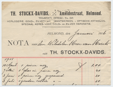 1223-21227 nota, Th. Stockx-Davids, juwelier, horloges, goud en zilver, optische artikelen, Telefoonnr.: 249, 00-01-1916