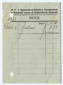 1229-21227 nota, N.V. J. Spoorenberg-Schulte, grossierderij, koloniale waren en gedistilleerd, Telefoonnr.: 62, 00-00-1933