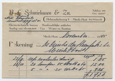 1232-21227 rekening, B.L. Schmiehusen, elektrotechnisch bureau, aanleg van gas, water, licht, Telefoonnr.: 466, 00-11-1945