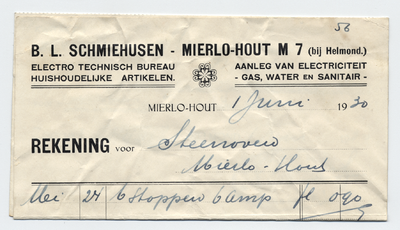 1233-21227 rekening, B.L. Schmiehusen, elektrotechnisch bureau, aanleg van gas, water, licht, 01-06-1930