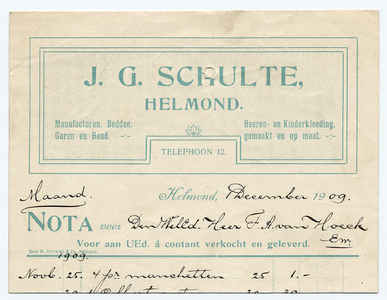 1237-21227 nota, J.G. Schulte, manufacturenhandel, manufacturen, garen, bedden, confectie, Telefoonnr.: 12, 01-12-1909