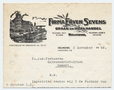 1240-21227 briefhoofd, Firma Erven Sevens, graan en meelhandel, roggebloem, koekbloem, Telefoonnr.: 2621, 02-11-1948