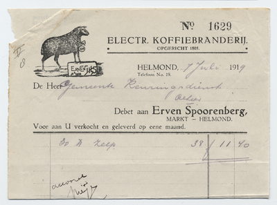 1254-21227 nota, Erven Spoorenberg, groothandel, koffiebranderij, thee, koloniale waren, Telefoonnr.: 19, 07-07-1919