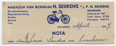 1258-21227 nota, H. Seijkens, rijwielhandel, fietsen, motoren, etc., Telefoonnr.: 2739, 00-04-1947