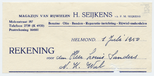 1259-21227 rekening, H. Seijkens, rijwielhandel, fietsen, motoren, etc., Telefoonnr.: 2739, 01-07-1950