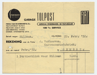 1261-21227 rekening, Firma van de Kerkhof & Zn, garage Tolpost, auto's, reparatie, etc., Telefoonnr.: 2320, 29-02-1952