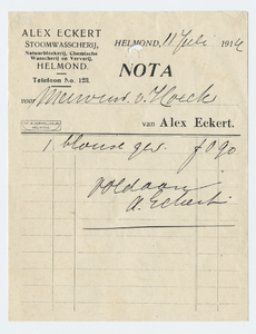 1264-21227 nota, Alex Eckert, stoomwasserij, wasserij, bleekerij, ververij, Telefoonnr.: 123, 11-07-1914