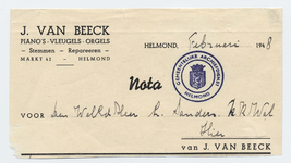 1270-21227 nota, J. van Beeck, piano's, vleugels, orgels, stemmen, reparatie, 00-02-1948