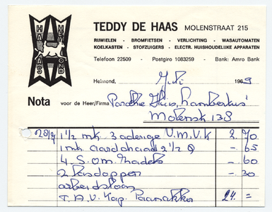 1277-21227 nota, Teddy de Haas, rijwielen, witgoed, verkoop van fietsen en huishoud.art., Telefoonnr.: 22509, 00-07-1969