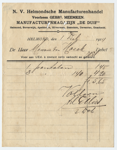 1292-21227 rekening, Helmondsche manufacturenhandel N.V., manufacturenmagazijn ,,De Duif , manufacturen, 01-12-1914
