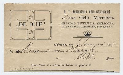 1293-21227 rekening, Helmondsche manufacturenhandel N.V., manufacturenmagazijn ,,De Duif , manufacturen, 02-01-1908
