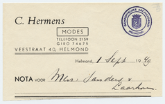 1299-21227 nota, C. Hermens, modewinkel, kleding, mode, Telefoonnr.: 2159, 01-09-1949